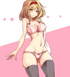Rule 34 | 1girl, alice margatroid, amagi (amagi626), bare arms, black thighhighs, blonde hair, blue eyes, blush, bra, breasts, cleavage, closed mouth, cowboy shot, gluteal fold, hairband, holding, holding towel, looking at viewer, medium breasts, navel, panties, pink bra, pink panties, short hair, skindentation, solo, thighhighs, touhou, towel, underwear, underwear only