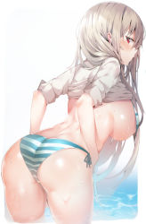 Rule 34 | 1girl, ass, bikini, blonde hair, blush, breasts, butt crack, clothes lift, commission, curvy, from behind, highres, hip focus, k pring, large breasts, long hair, looking at viewer, looking back, original, red eyes, shirt lift, side-tie bikini bottom, solo, striped bikini, striped clothes, swimsuit, thick thighs, thighs, wading, wet, white background, wide hips