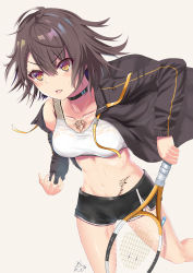 Rule 34 | 1girl, absurdres, ahoge, azur lane, baltimore (azur lane), baltimore (black ace) (azur lane), bandaid, bandaid on leg, bare legs, bare shoulders, black choker, black jacket, black shorts, blush, braid, breasts, brown hair, chest tattoo, choker, cleavage, collarbone, commentary request, cowboy shot, flower tattoo, french braid, groin, hair between eyes, highres, holding, holding racket, jacket, kaneki yushi, large breasts, long sleeves, looking to the side, midriff, navel, off-shoulder jacket, off shoulder, open clothes, open jacket, open mouth, racket, short hair, short shorts, shorts, sidelocks, signature, simple background, solo, sports bra, standing, standing on one leg, stomach tattoo, sweat, tattoo, tennis racket, wet bra, white background, white sports bra, yellow eyes