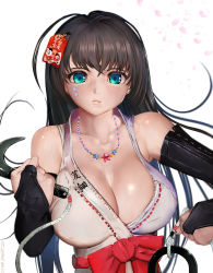 Rule 34 | 1girl, aqua eyes, bare shoulders, beads, black gloves, blurry, bow, breasts, bridal gauntlets, brown hair, china dress, chinese clothes, cleavage, clenched hands, collarbone, depth of field, dress, female focus, gloves, hair ornament, headphones, highres, japanese clothes, jewelry, kusarigama, large bow, large breasts, lips, long hair, looking at viewer, miko, necklace, original, petals, randy (awesomevillage), school uniform, serafuku, serious, shiny skin, sickle, signature, simple background, solo, star (symbol), tag, tareme, upper body, weapon, white background