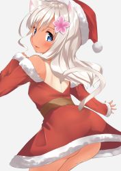 Rule 34 | 1girl, absurdres, animal ears, ass, blonde hair, blue eyes, cat ears, cat tail, go-1, grey background, hat, highres, kantai collection, long hair, one-piece tan, ro-500 (kancolle), santa costume, santa hat, simple background, solo, tail, tan, tanline