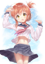 Rule 34 | 1girl, anchor symbol, arm up, black sailor collar, black skirt, blue sky, blush, breasts, brown eyes, brown hair, brown neckerchief, cloud, commentary request, day, folded ponytail, hair between eyes, hand up, head tilt, highres, inazuma (kancolle), kantai collection, long sleeves, looking at viewer, mimikaki (men bow), navel, neckerchief, open mouth, pleated skirt, sailor collar, school uniform, serafuku, shirt, sidelocks, skirt, sky, small breasts, solo, teeth, upper teeth only, white shirt