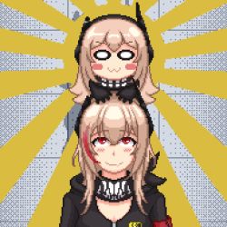 Rule 34 | 2girls, :3, blonde hair, blush, blush stickers, closed mouth, commentary, dithering, english commentary, girls&#039; frontline, gloves, hair between eyes, headgear, highres, jacket, kemonomimicon, long hair, looking at viewer, looking up, m4 sopmod ii (girls&#039; frontline), m4 sopmod ii jr, multicolored hair, multiple girls, o o, pixel art, red eyes, red hair, scar, sidelocks, smile, streaked hair, sunburst