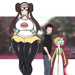 Rule 34 | 1boy, 2girls, angry, aura, black pantyhose, blue eyes, blurry, blurry background, blush, breasts, creatures (company), curvy, distracted boyfriend (meme), dot nose, evil aura, eyelashes, faceless, faceless male, game freak, gardevoir, gen 3 pokemon, half-closed eyes, hat, highres, huge breasts, long hair, meme, multiple girls, naughty face, nintendo, outline, pantyhose, pokemon, pokemon (creature), pokemon bw2, red outline, rosa (pokemon), saltyxodium, shiny clothes, shirt, shorts, skin tight, smile, standing, taut clothes, taut shirt, thick thighs, thighs, twintails, walking, wide hips, yellow shorts
