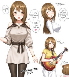 Rule 34 | 2girls, absurdres, aged up, bare shoulders, blush, brown eyes, brown hair, child, closed eyes, earrings, english text, guitar, highres, hirasawa yui, instrument, jewelry, k-on!, long hair, mature female, mother and daughter, multiple girls, open mouth, pantyhose, smile, sweat, white background, yakimi 27