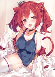 Rule 34 | 1girl, :d, animal ears, azur lane, bed sheet, black choker, blue one-piece swimsuit, blush, breasts, cat ears, cat tail, choker, cleavage, collarbone, commentary request, covered navel, fang, hair between eyes, head tilt, highres, i-19 (azur lane), indoors, large breasts, long hair, looking at viewer, off shoulder, on bed, one-piece swimsuit, open mouth, red eyes, red hair, revision, school swimsuit, sitting, sleeves past wrists, smile, solo, spread legs, swimsuit, tail, thighhighs, twintails, unacchi (nyusankin), white thighhighs