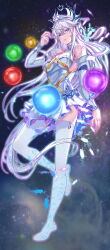 Rule 34 | 1girl, absurdres, bare shoulders, breasts, closed mouth, douluo dalu, dress, full body, gu yuena, guoman gongzuoshi ka lian, highres, horns, leg up, long hair, medium breasts, orb, purple eyes, purple nails, shards, solo, star (sky), white dress, white footwear, white hair