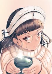 Rule 34 | 1girl, 2hands1cup, absurdres, blunt bangs, brown eyes, brown hair, chiyo goya, cup, eyewear strap, glasses, headdress, highres, holding, holding cup, kantai collection, pince-nez, roma (kancolle), simple background, solo, sweater, upper body, wavy hair, white sweater