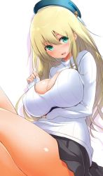 Rule 34 | 10s, 1girl, agarwood, alternate costume, atago (kancolle), beret, black skirt, blonde hair, blush, breast hold, breasts, cleavage, cleavage cutout, clothing cutout, green eyes, hair between eyes, hat, kantai collection, large breasts, long hair, long sleeves, looking at viewer, miniskirt, parted lips, ribbed sweater, sidelocks, skirt, solo, sweater, thighs