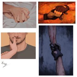 Rule 34 | 2boys, arm hair, artist request, bara, beard, blood, brown hair, chris redfield, embers, facial hair, finger to another&#039;s mouth, fingerless gloves, gloves, grabbing another&#039;s arm, hand focus, head out of frame, highres, implied sex, leon s. kennedy, male focus, mature male, multiple boys, resident evil, resident evil 4, short hair, smile, stubble, yaoi