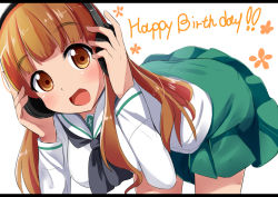 Rule 34 | 10s, 1girl, :d, arms up, bent over, black neckerchief, blush, breasts, brown eyes, brown hair, commentary request, girls und panzer, green skirt, hands on headphones, happy birthday, head tilt, headphones, letterboxed, long hair, looking at viewer, makuran, medium breasts, neckerchief, ooarai school uniform, open mouth, pleated skirt, sailor collar, school uniform, serafuku, shirt, skirt, smile, solo, takebe saori, very long hair, white background, white sailor collar, white shirt