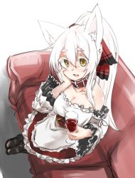 Rule 34 | 1girl, alcohol, alternate costume, animal ears, bad id, bad twitter id, bare shoulders, breasts, collar, colored eyelashes, couch, cup, drinking glass, enmaided, fox ears, frilled sleeves, frills, hair ribbon, hand on own cheek, hand on own face, large breasts, long hair, looking at viewer, maid, open mouth, original, ponytail, ribbon, sakura inu, simple background, sitting, smile, solo, colored eyelashes, white hair, wine, wine glass