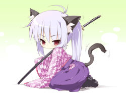 Rule 34 | 1girl, animal ears, bashamichi, cat, cat ears, cat tail, character request, japanese clothes, kimono, petenshi (dr. vermilion), red eyes, silver hair, solo, source request, sword, tail, weapon, yagasuri