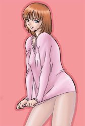 Rule 34 | 1girl, blue eyes, bottomless, breasts, brown hair, clothes pull, covered erect nipples, crotch seam, looking at viewer, no panties, original, pantyhose, see-through, see-through legwear, shirt tug, short hair, simple background, small breasts, smile, solo, sweater, sweater pull, uraharukon