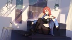 Rule 34 | 1girl, benghuai xueyuan, black gloves, black shirt, blue jacket, boots, breasts, casual, closed mouth, couch, crossed legs, curtains, fashion, full body, gloves, heart, highres, honkai (series), indoors, jacket, long hair, looking at viewer, mole, mole on breast, murata himeko (benghuai xueyuan), navel, official art, painting (object), pantyhose, plant, red hair, shadow, shirt, sitting, solo, table, tattoo, thighhighs, vase, yellow eyes