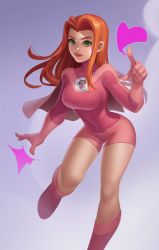 Rule 34 | 1girl, absurdres, atom eve, bodysuit, boots, breasts, commentary, covered navel, english commentary, gloves, green eyes, hair behind ear, heart, highres, invincible (series), leaning forward, medium breasts, open hand, orange hair, parted hair, pink bodysuit, pink eyes, pink footwear, pink gloves, pointing, rumbee, solo, superhero costume, thick lips