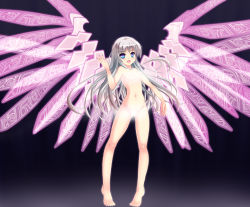 Rule 34 | 1girl, absurdres, barefoot, blue eyes, censored, character request, flat chest, highres, natsumiya yuzu, nude, original, silver hair, solo, steam, wings