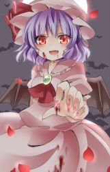 Rule 34 | 1girl, bat (animal), bat wings, blood, blood on face, blood on clothes, fang, fingernails, full moon, moon, night, open mouth, purple hair, red eyes, remilia scarlet, sharp fingernails, tamichan, touhou, wings