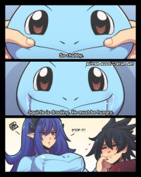 Rule 34 | 1boy, 1girl, 3koma, black hair, black hairband, blue hair, blush, grabbing another&#039;s breast, breasts, butter sugoi, cheek pinching, closed eyes, comic, covered erect nipples, creatures (company), english text, game freak, gen 1 pokemon, grabbing, hair between eyes, hairband, heart, highres, lactation, lactation through clothes, large breasts, nintendo, original, pervert, pinching, pointy ears, pokemon, purple eyes, squiggle, squirtle, subtitled