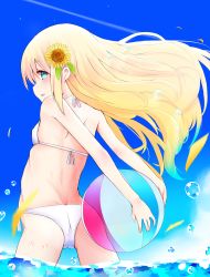 Rule 34 | 1girl, absurdres, arms behind back, ass, bad id, bad pixiv id, ball, beachball, bikini, blonde hair, blue eyes, blush, butt crack, cameltoe, cloud, day, flat chest, flower, from behind, hair flower, hair ornament, highres, kirk, long hair, looking back, open mouth, original, outdoors, sky, smile, solo, swimsuit, very long hair, wading, water, white bikini