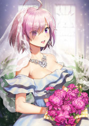 Rule 34 | 1girl, absurdres, ahoge, alternate costume, backlighting, bare shoulders, bouquet, breasts, bridal veil, bride, cleavage, collarbone, commentary request, dress, earrings, eyes visible through hair, fate/grand order, fate (series), flower, glint, hair over one eye, has bad revision, has downscaled revision, highres, holding, holding bouquet, indoors, jewelry, large breasts, light particles, looking at viewer, mash kyrielight, md5 mismatch, necklace, noixen, off-shoulder dress, off shoulder, pink flower, pink hair, purple eyes, resolution mismatch, see-through, short hair, solo, source smaller, upper body, veil, wedding dress, window