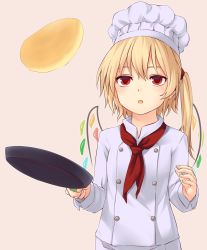 Rule 34 | 1girl, :o, alternate costume, blonde hair, chef, chef hat, commentary request, expressionless, flandre scarlet, food, frying pan, hat, holding, holding pan, long sleeves, looking up, miyo (ranthath), pancake, parted lips, red eyes, red neckwear, short hair, side ponytail, simple background, solo, standing, tan background, touhou, upper body, white hat, white uniform, wings