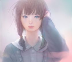 Rule 34 | 1girl, blue eyes, brown hair, gradient background, lips, long hair, looking at viewer, low twintails, mujiha, original, realistic, solo, twintails, upper body