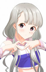 Rule 34 | 1girl, absurdres, bare shoulders, blue shirt, blush, braid, braided bangs, breasts, brown eyes, close-up, closed mouth, clothing cutout, collarbone, commentary, crop top, drawstring, expressionless, grey hair, heart, heart hands, highres, hisakawa nagi, hood, hood down, idolmaster, idolmaster cinderella girls, kimony, long hair, long sleeves, looking at viewer, low twintails, midriff, multicolored shirt, pink shirt, portrait, shirt, shoulder cutout, simple background, small breasts, solo, twintails, upper body, wavy hair, white background, white shirt, zipper