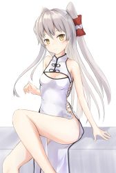 Rule 34 | 1girl, amatsukaze (kancolle), armpits, blush, breasts, china dress, chinese clothes, cleavage, closed mouth, dress, hair ornament, hand up, highres, kantai collection, leg up, long hair, looking at viewer, parufeito, sidelocks, silver hair, simple background, sitting, small breasts, smile, solo, thighs, twintails, white background, yellow eyes