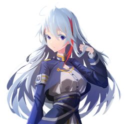 Rule 34 | 1girl, 86 -eightysix-, afindex, blue capelet, blue skirt, breasts, capelet, cleavage cutout, clothing cutout, hair between eyes, hand in own hair, high-waist skirt, highres, long hair, looking to the side, medium breasts, military, military uniform, multicolored hair, purple eyes, red hair, shirt, silver hair, skirt, solo, streaked hair, uniform, v-shaped eyebrows, vladilena millize, white shirt