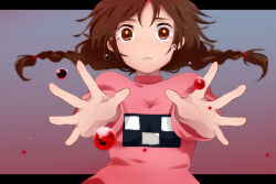 Rule 34 | 1girl, bad end, blood, braid, brown eyes, brown hair, falling, hattori masaki, letterboxed, madotsuki, no nose, outstretched arms, outstretched hand, pink shirt, reaching, shirt, sky, solo, spoilers, tears, twin braids, twintails, when you see it, wide-eyed, yume nikki