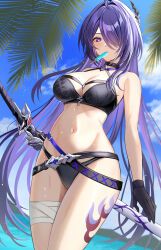 Rule 34 | 1girl, acheron (honkai: star rail), bare shoulders, bikini, black bikini, black gloves, blurry, blurry background, blush, breasts, day, food, food in mouth, gloves, hair ornament, hair over one eye, harimoji, highres, holding, holding sword, holding weapon, honkai: star rail, honkai (series), katana, large breasts, leg tattoo, long hair, navel, one eye covered, outdoors, paid reward available, popsicle, popsicle in mouth, purple eyes, purple hair, solo, stomach, swimsuit, sword, tattoo, thighs, water, weapon
