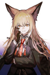 1girl animal_ears arknights black_coat black_jacket blonde_hair brown_gloves closed_mouth coat coat_on_shoulders gloves gradient_background hair_between_eyes hand_on_own_cheek hand_on_own_face highres jacket long_hair long_sleeves looking_at_viewer necktie purple_background red_necktie runamonet smile solo split_mouth tassel twitter_username upper_body vulpisfoglia_(arknights) white_background yellow_eyes