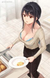 Rule 34 | 1girl, :o, blue bra, bra, bra peek, breasts, brown eyes, buffet, cleavage, collarbone, commission, food, from above, hair between eyes, highres, holding, holding plate, holding tongs, indoors, jewelry, large breasts, long hair, long sleeves, looking at viewer, mole, mole under eye, nail polish, necklace, office lady, open mouth, original, pantyhose, pasta, pencil skirt, pixiv commission, plate, ponytail, ribbed shirt, setu kurokawa, shirt, skirt, solo, tan shirt, tongs, underwear