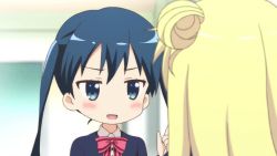 Rule 34 | 10s, 2girls, animated, animated gif, blonde hair, blue eyes, blue hair, blue theme, blush, bow, bowtie, expressionless, eye contact, flustered, hair bun, jitome, kin-iro mosaic, komichi aya, kujou karen, looking at another, multiple girls, red bow, red bowtie, single hair bun, twintails, uniform, upper body