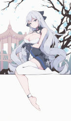 Rule 34 | 1girl, absurdres, arm under breasts, asymmetrical gloves, barefoot, black gloves, branch, breasts, bronya zaychik, bronya zaychik (silverwing: n-ex), cleavage, closed mouth, delusion god, dress, full body, gloves, grey eyes, grey hair, highres, honkai (series), honkai impact 3rd, large breasts, long hair, looking at viewer, simple background, single thighhigh, sitting, sleeveless, sleeveless dress, smile, solo, thighhighs, toes, tree, uneven gloves, white background, white dress, white thighhighs