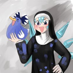 Rule 34 | 1girl, animal, bird, blue eyes, blue hair, bow, cirno, cropped torso, crossover, detached wings, duck, footprints, habit, hair bow, highres, holding, holding animal, ice, ice wings, little nuns (diva), nun, paint splatter, smile, solo, step arts, touhou, traditional nun, wings