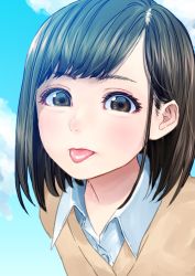 Rule 34 | 1girl, :p, blue sky, brown eyes, brown hair, cardigan, collared shirt, commentary request, day, eye focus, eyebrows, highres, looking at viewer, original, ouhashi (yumenosukima), outdoors, shirt, short hair, sky, solo, tongue, tongue out, upper body, wing collar