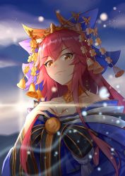 Rule 34 | 1girl, animal ear fluff, animal ears, artist request, bell, blue kimono, blue ribbon, breasts, cleavage, collarbone, crown, fate/grand order, fate (series), fox ears, fox girl, hair ribbon, hand on own chest, japanese clothes, kimono, large breasts, long hair, looking at viewer, looking down, off shoulder, official alternate costume, pink hair, ribbon, solo, tamamo (fate), tamamo no mae (fate/extra), tamamo no mae (third ascension) (fate), very long hair, yellow eyes