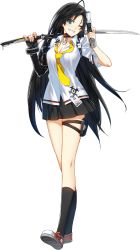 Rule 34 | 1girl, black hair, blue eyes, blush, breasts, choker, cleavage, closers, dress shirt, hair between eyes, large breasts, long hair, looking at viewer, one eye closed, shirt, shoes, smile, sneakers, solo, transparent background, yuri seo