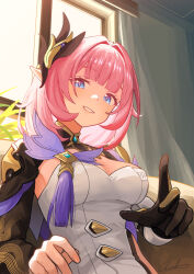 Rule 34 | 1girl, absurdres, black gloves, blue eyes, blunt bangs, breasts, commentary request, dress, elysia (honkai impact), gloves, grin, hair intakes, hair ornament, highres, honkai (series), honkai impact 3rd, indoors, looking at viewer, medium breasts, medium hair, pink hair, pointy ears, shrug (clothing), single glove, smile, solo, strapless, strapless dress, upper body, welt (kinsei koutenkyoku), white dress, window