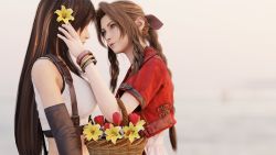 Rule 34 | 2girls, 3d, absurdres, aerith gainsborough, artist request, black gloves, black hair, bracelet, braid, breasts, brown hair, cropped jacket, dress, final fantasy, final fantasy vii, final fantasy vii remake, flower, flower basket, gloves, green eyes, hair flower, hair ornament, hand in another&#039;s hair, highres, jacket, jewelry, large breasts, lily (flower), long hair, looking at another, midriff, multiple girls, parted bangs, parted lips, pink dress, pink ribbon, red flower, red jacket, ribbon, shirt, sidelocks, sohaa, square enix, suspenders, tifa lockhart, tulip, upper body, white shirt, yellow flower, yuri