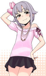 Rule 34 | 10s, 1girl, bare shoulders, blush, bow, brown eyes, hair ornament, hand on own hip, highres, idolmaster, idolmaster cinderella girls, jewelry, koshimizu sachiko, looking at viewer, moru (monaka), necklace, purple hair, short hair, simple background, smug, solo, white background