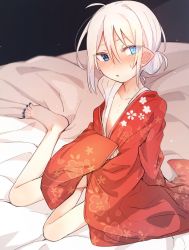 Rule 34 | 1girl, azuma shino, barefoot, blue eyes, blush, feet, female focus, flat chest, hair between eyes, hair bun, highres, japanese clothes, kimono, looking at viewer, nail polish, nowareno (azuma shino), on bed, original, parted lips, pointy ears, single hair bun, sitting, sleeves past wrists, slit pupils, solo, toes, wide sleeves