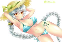 Rule 34 | 10s, 1girl, alternate costume, armpits, arms behind head, bare arms, bare shoulders, bikini, blush, bow, braid, breasts, brown eyes, cleavage, flower, hair between eyes, hair ornament, halterneck, hands on headwear, hat, hat bow, hat flower, holding, holding clothes, holding hat, ichiyou moka, kantai collection, large breasts, long hair, looking at viewer, midriff, navel, pouty lips, side-tie bikini bottom, sideboob, silver hair, simple background, single braid, solo, straw hat, striped bikini, striped clothes, swimsuit, twitter username, underboob, unryuu (kancolle), very long hair, white background, yellow eyes