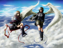 Rule 34 | 2girls, black hair, blue eyes, blush response, boots, brown hair, cat, cigarette, cloud, fingerless gloves, gloves, goggles, goggles around neck, hand in pocket, jacket, leather, leather jacket, crossed legs, long hair, multiple girls, original, riding, shorts, sitting, sky, smile, wings