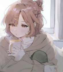 1girl brown_hair commentary_request cup curtains hair_ornament hairclip highres higuchi_madoka hood hooded_jacket idolmaster idolmaster_shiny_colors jacket long_sleeves mameyanagi mole mole_under_eye mug purple_eyes short_hair solo steam window