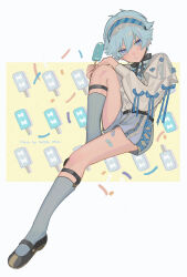 Rule 34 | 1boy, androgynous, bandaid, bandaid on leg, belt, black bow, black bowtie, black footwear, blue eyes, blue hair, blue nails, blue ribbon, blush, bow, bowtie, chin strap, chongyun (genshin impact), closed mouth, cross-laced clothes, cross-laced shorts, cross-laced top, food, food-themed background, frilled hairband, frills, frown, full body, genshin impact, hair between eyes, hairband, hands up, highres, holding, holding food, invisible chair, knee up, kneehighs, layered sleeves, legwear garter, long sleeves, looking at viewer, male focus, nail polish, nakura hakuto, outside border, outstretched leg, plaid hairband, popsicle, puffy long sleeves, puffy sleeves, ribbon, shirt, shirt tucked in, shoes, short hair, short over long sleeves, short sleeves, shorts, sitting, slit pupils, socks, solo, white background, white shirt