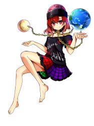 Rule 34 | 1girl, absurdres, baba (baba seimaijo), bare shoulders, barefoot, chain, clothes writing, collar, earth (planet), full body, hat, hecatia lapislazuli, highres, looking at viewer, moon, multicolored clothes, multicolored skirt, off shoulder, parody, planet, red eyes, red hair, shirt, skirt, smile, solo, style parody, touhou, transparent background
