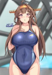Rule 34 | 1girl, :o, ahoge, blue one-piece swimsuit, blush, breasts, brown hair, competition swimsuit, covered navel, cowboy shot, dated, double bun, hair between eyes, hair bun, hairband, hand on own chest, headgear, highres, indoors, kantai collection, kongou (kancolle), kongou kai ni (kancolle), large breasts, long hair, montemasa, one-piece swimsuit, open mouth, pool, purple eyes, rei no pool, ribbon trim, solo, swimsuit, twitter username, water, window